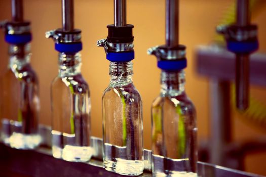 A row of glass bottles on a conveyor belt for the production of alcoholic beverages.