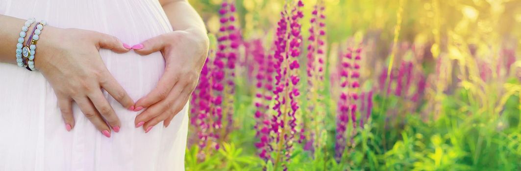 Pregnant woman in a lupine field. Selective focus. nature.