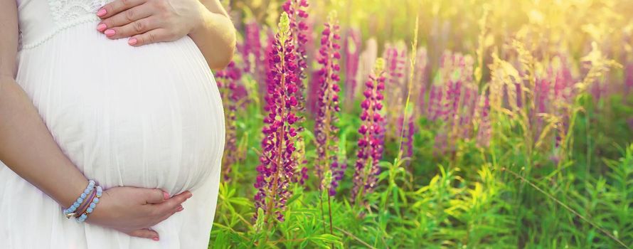 Pregnant woman in a lupine field. Selective focus. nature.