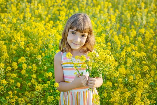 A child in a yellow field, mustard blooms. Selective focus..