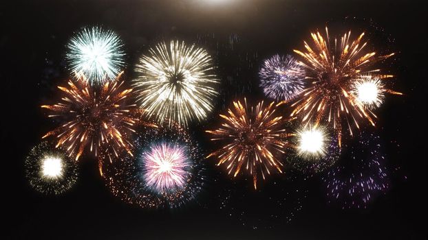 3d render of various fireworks and salute 4k