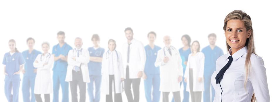 Patient and medical team, bright background for design, copy space for text