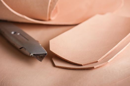 pieces of vegetable tanned leather, raw material for leather working