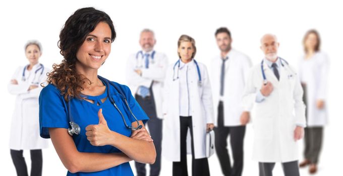 Group Of Medical Team, Nurse show thumbs up isolated Over White Background