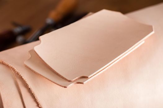 pieces of vegetable tanned leather, raw material for leather working