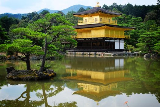 The shariden at Rokuon-ji, commonly known as the Golden Pavilion (Kinkaku-ji). A Zen buddhist temple in Kyoto, Japan.