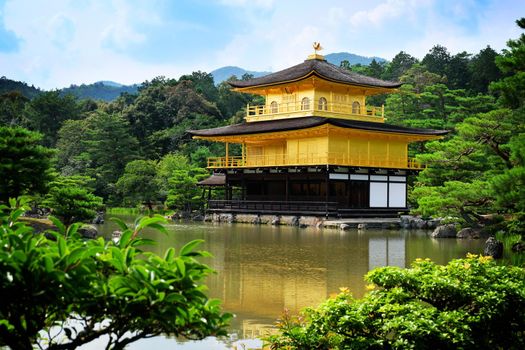 The shariden at Rokuon-ji, commonly known as the Golden Pavilion (Kinkaku-ji). A Zen buddhist temple in Kyoto, Japan.