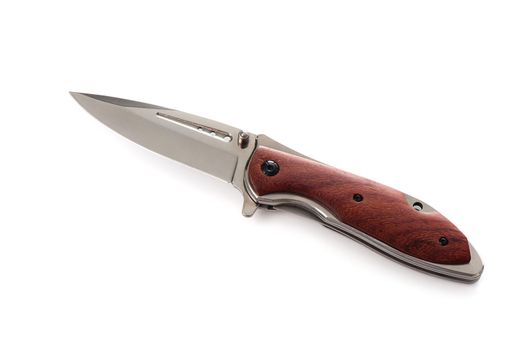 stainless steel folding knife with wooden handle isolated over white background