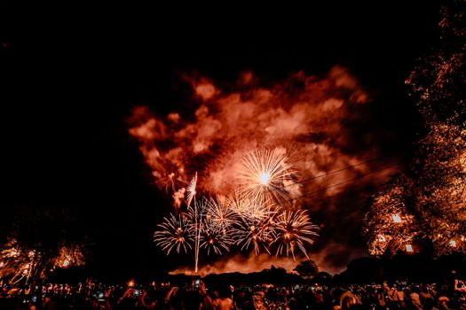 Group of people watching fireworks and using cellphones to record event. People capturing a fireworks shows with their mobile phone. Colorful fireworks celebration and the night sky background