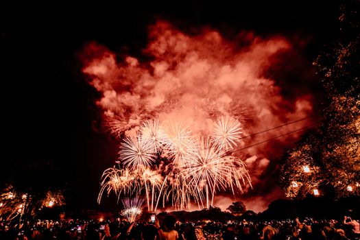 Group of people watching fireworks and using cellphones to record event. People capturing a fireworks shows with their mobile phone. Colorful fireworks celebration and the night sky background