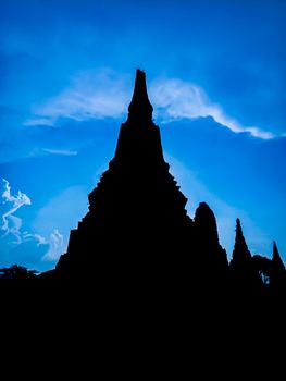 Thailand temple pagoda. Element Thailand culture and traditions. Unesco world heritage destination in Asia Ayutthaya Thailand.  Silhouette pagoda, Temple of Thailand against blue sky