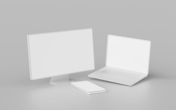 Minimalistic monitor, laptop and smartphone with blank screen mockup, 3d rendering