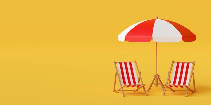 Minimal summer vacation concept, Beach umbrella with chairs on yellow background, 3d illustration
