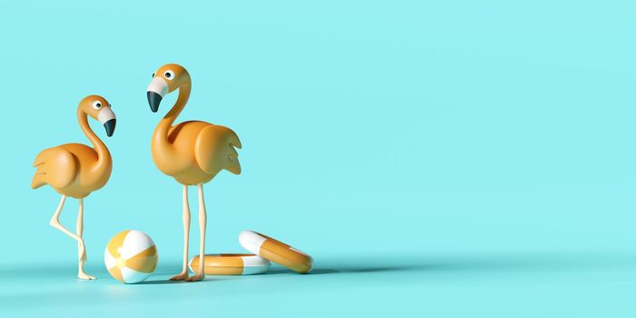 3d illustration of banner with flamingo and beach ring and ball