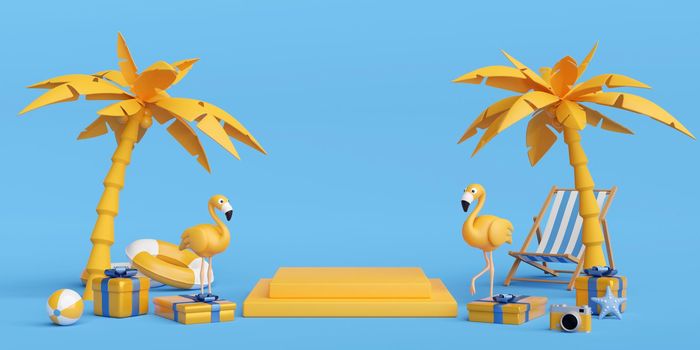 3d illustration of podium summer concept with flamingo and gift box and beach accessories