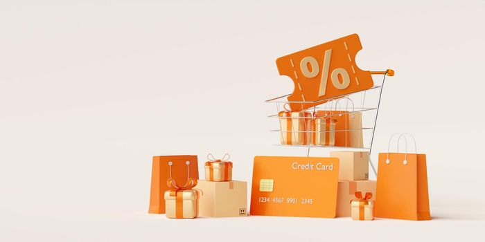 Gift box and shopping bag in shopping cart, get discount code when pay by credit card, 3d illustration