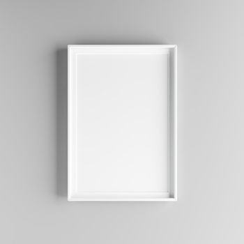Elegant and minimalistic picture frame standing on gray wall. Design element. 3D render