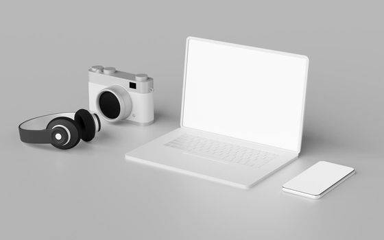 Minimalistic camera headphone, laptop, smartphone with blank screen mockup, 3d rendering