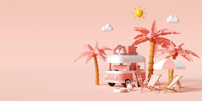 Summer vacation concept, Travel to the beach by van carrying travel accessories parking at the beach on pink background, 3d illustration