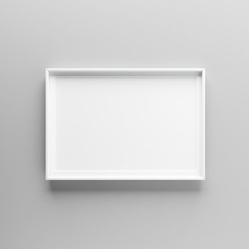 Elegant and minimalistic picture frame standing on gray wall. Design element. 3D render, light from top