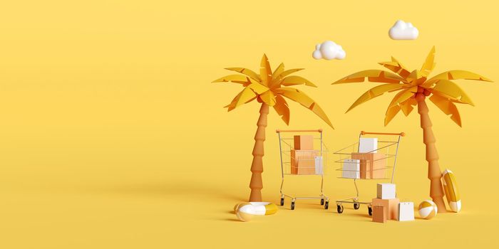 Summer sale banner, Shopping cart with palm tree and beach accessories on yellow background, 3d illustration