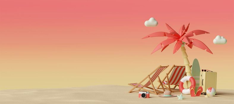 Summer vacation concept, Banner of beach chairs and accessories under palm tree, 3d illustration