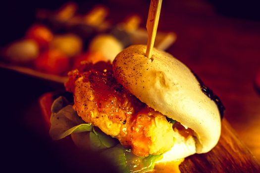 Selective focus Hirata Buns. Japanese traditional food. Asian cuisine made from steamed buns stuffed with salad and delicious savory fillings,   sandwiches or tacos