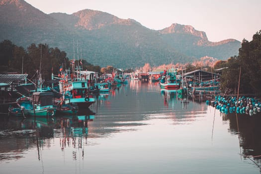 Panorama landscape of fisherman village at dusk in Prachubkeereekhan Thailand