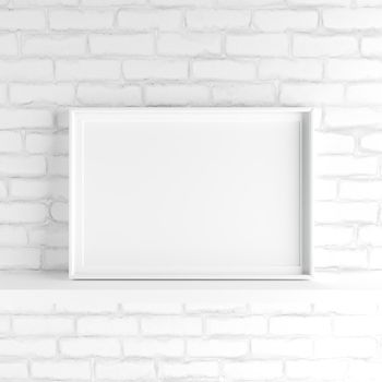 Elegant and minimalistic landscape picture frame standing on white painted brick wall. Design element. 3D render
