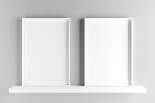 Two fundamental and elegant frames standing on shelf, mock up poster on wall. 3D illustration render