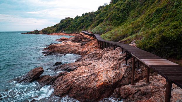 Wooden Path on the Mountain with the beautiful sea view. Khao Leam Ya - Mu Ko Samet Nation Park Rayong Thailand