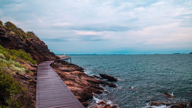 Wooden Path on the Mountain with the beautiful sea view. Khao Leam Ya - Mu Ko Samet Nation Park Rayong Thailand