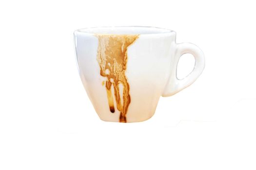 Dirty coffee white mug and Coffee mug stain on wooden plate. with clipping path isolated on white background.
