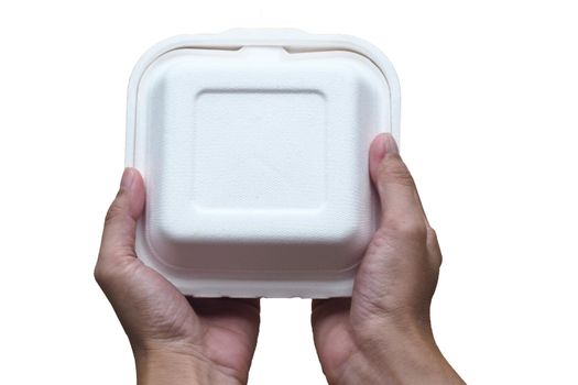 Hand Holding Food Paper. Food delivery concept background with path isolated white background.