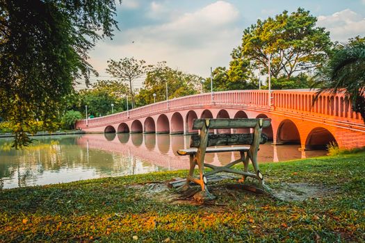 red bridge in  Chatuchak Park Bangkok Thailand