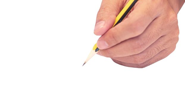 hand holding a pencil isolated on white background . Close Up on a man's hand writing on paper with a pencil  .Planning business idea background . leave note or message concept.