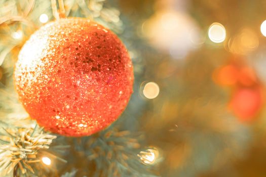 Christmas Tree red Ball And  gold Bokeh Background.