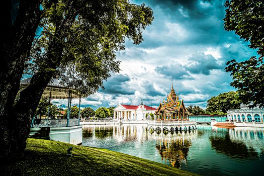 Aisawan-Dhipaya-Asana Pavilion historical building landmark travel architecture in Ayutthaya Thailand.