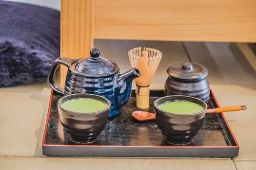 Art of Japanese living green tea Ryokucha traditional ceremony consist of Teapot, Tea cup, tea brush put in