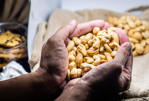 Cashew nuts in hand.  healthy fats and protein food agriculture industry.