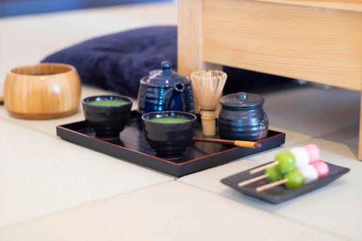 Art of Japanese living green tea Ryokucha traditional ceremony consist of Teapot, Tea cup, tea brush put in