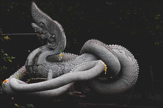 Sculpture of Dragon or Serpent or Naga legendary animal of Thailand at  Wat Kham Chanod 2 in Thailand
