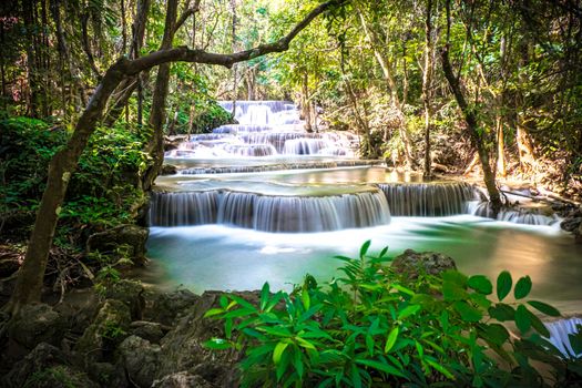 Huay Mae Khamin Waterfall in Srinakarin Dam National Park. Kanchanaburi Thailand. cascade waterfall tropical forest