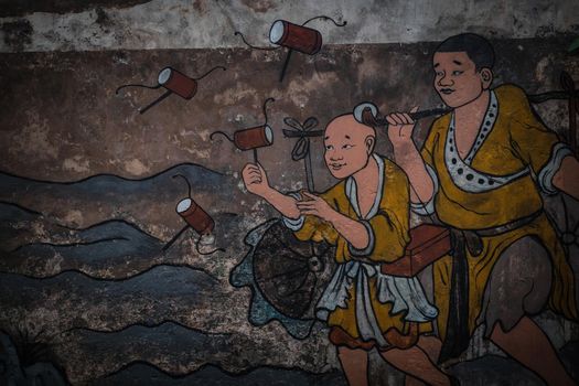 Background of old cement grunge Old red brick wall damaged background wall with painting art culture