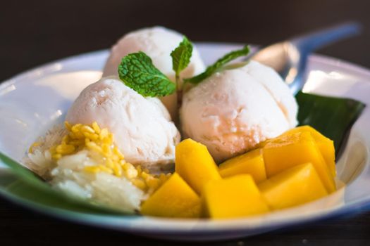 Mango pudding. mango ice cream with sticky rice  deliciou sweet dessert Thailand Asia style