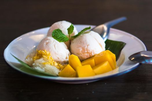Mango pudding. mango ice cream with sticky rice  deliciou sweet dessert Thailand Asia style