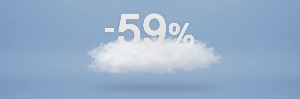 Discount 59 percent. Big discounts, sale up to fifty nine percent. 3D numbers float on a cloud on a blue background. Copy space. Advertising banner and poster to be inserted into the project.