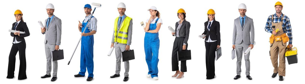 Set of full length portraits of construction industry workers. Design element, studio isolated on white background