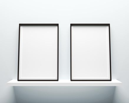Elegant and minimalistic picture frame standing on baby blue wall. Design element. 3D render