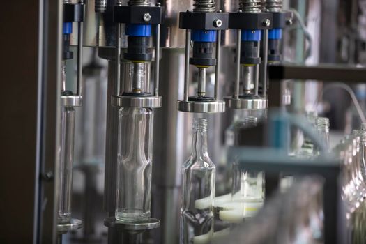 A long row of glass bottles on a conveyor belt. Production of alcoholic beverages.